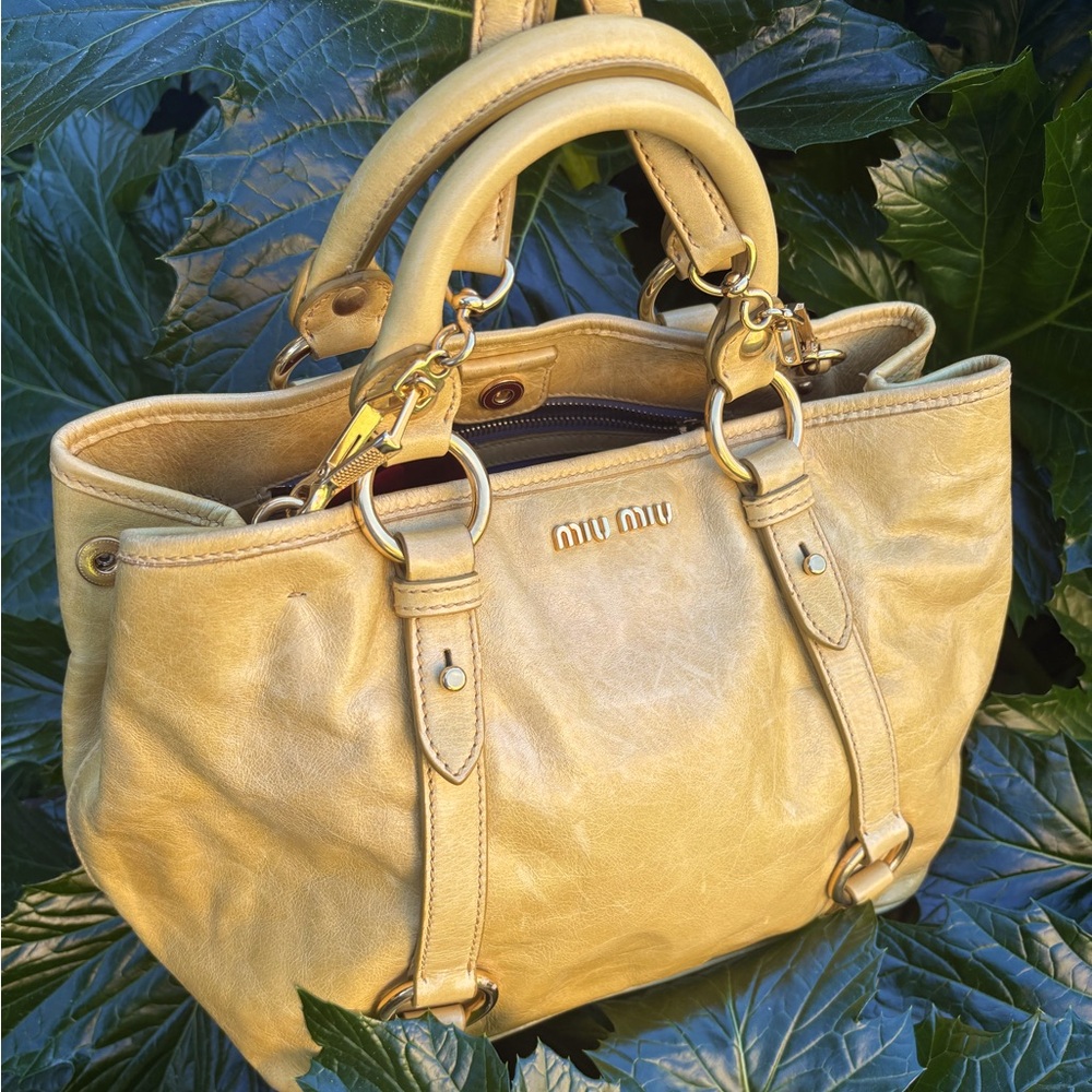 Mui Mui Vitello Y2K Mustard Yellow Relaxed Leather Top Handle Satchel Crossbody